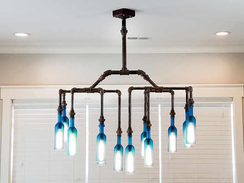 Iron Pipe and Blue Bottle Chandelier